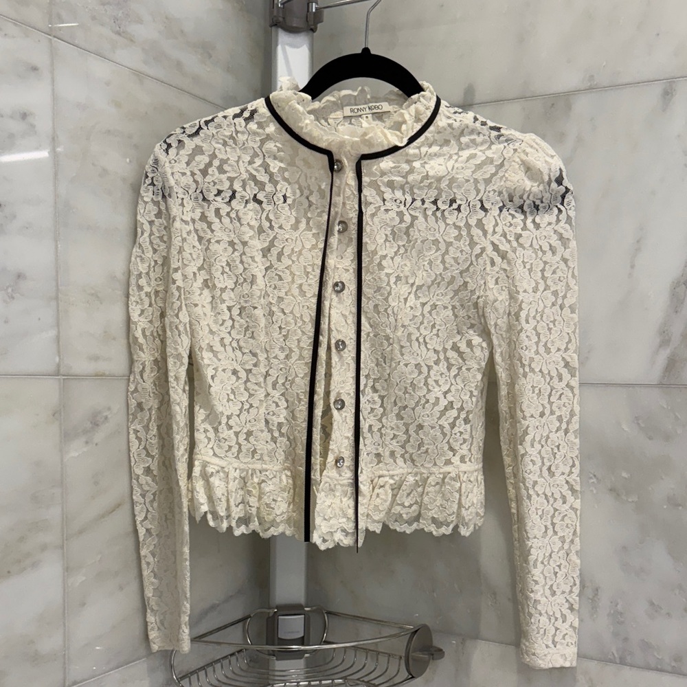Ronny Kobo Ivory Lace Blouse with Black Trim